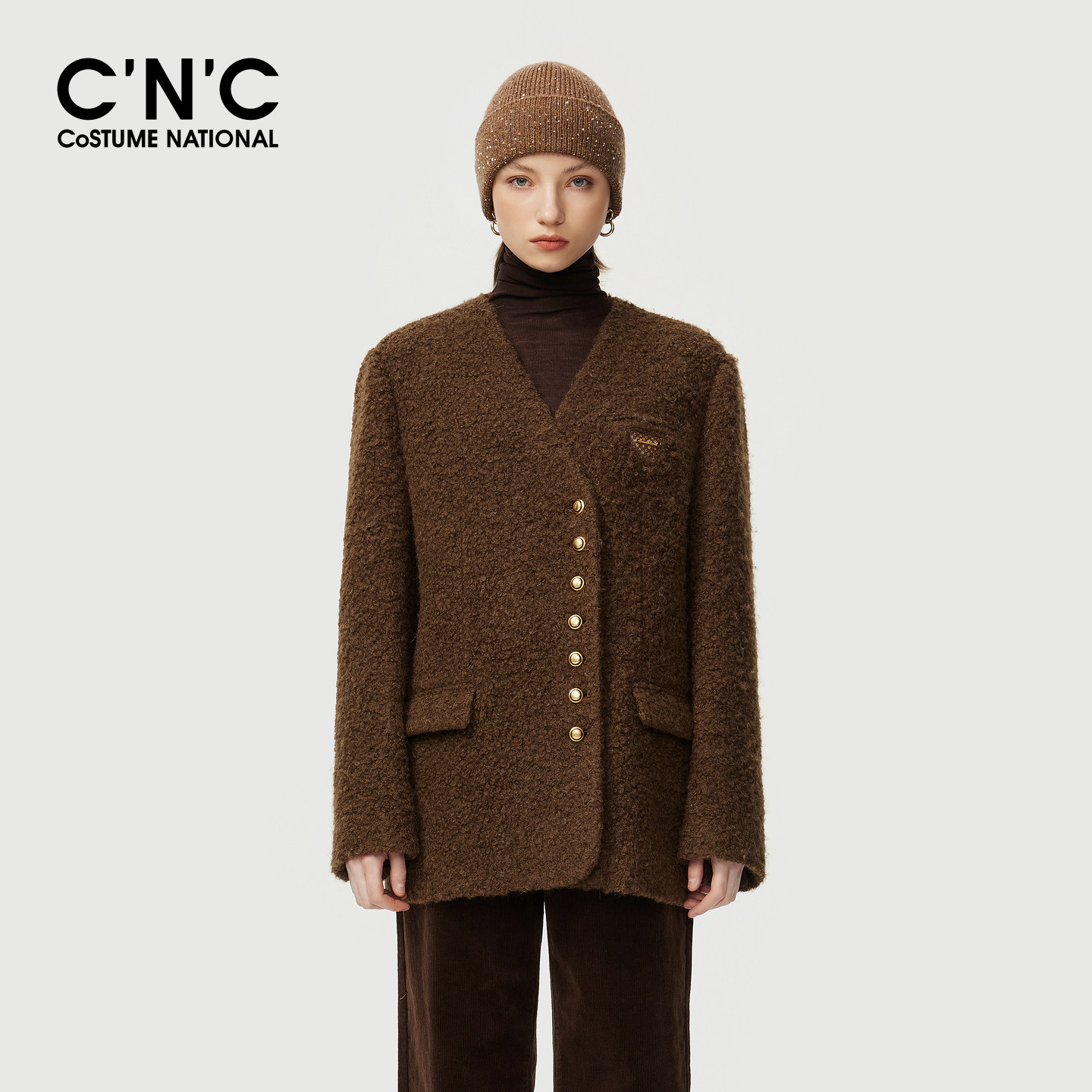 CNC女装含羊毛V领西装款毛呢大衣秋冬复古老钱风短款大衣外套女