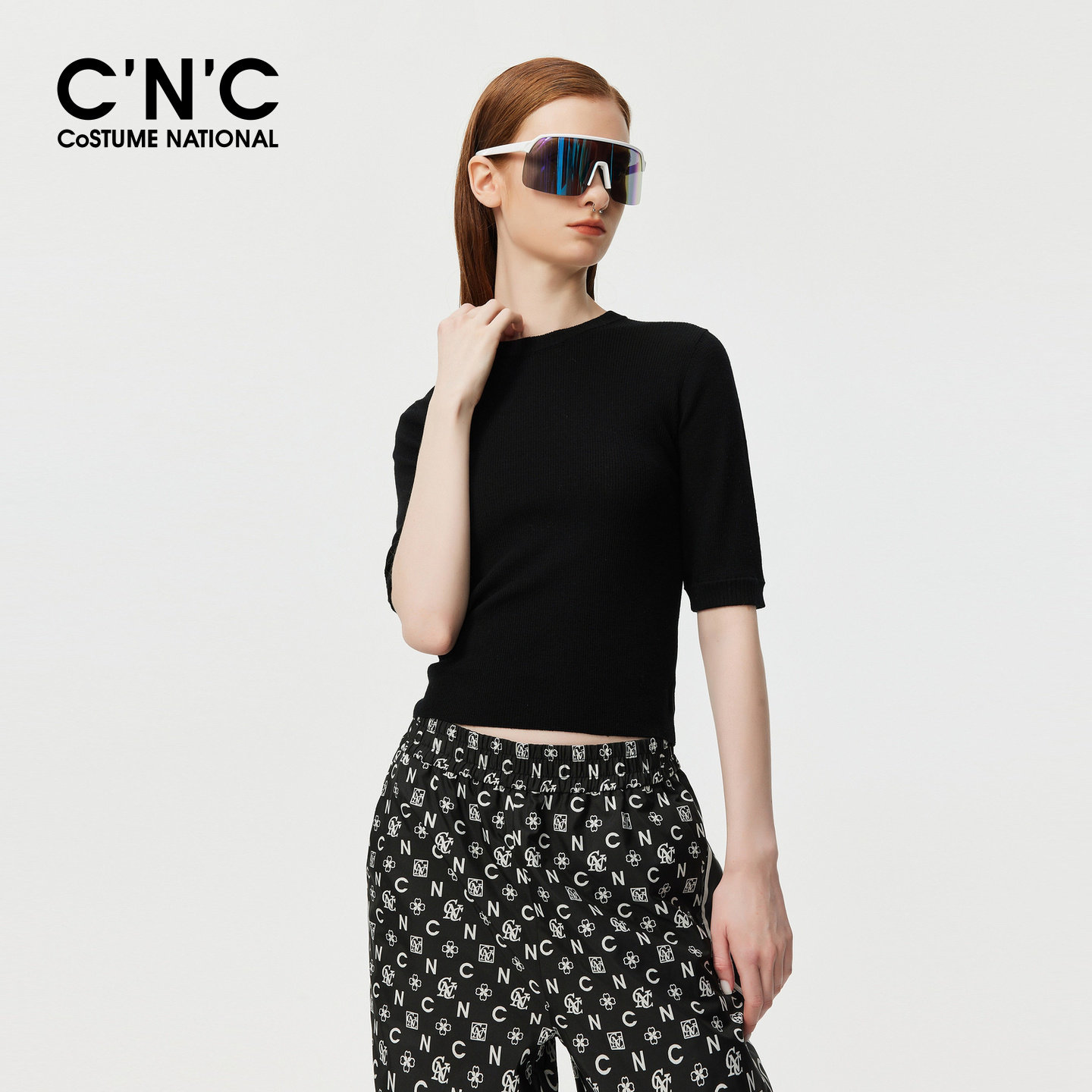 【100%绵羊毛】CNC女装简约五分袖针织衫早秋黑色修身短袖针织衫