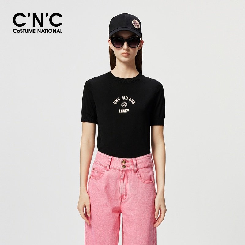 CNC女装夏季渐变字母绣花短袖针织衫修身短袖T恤