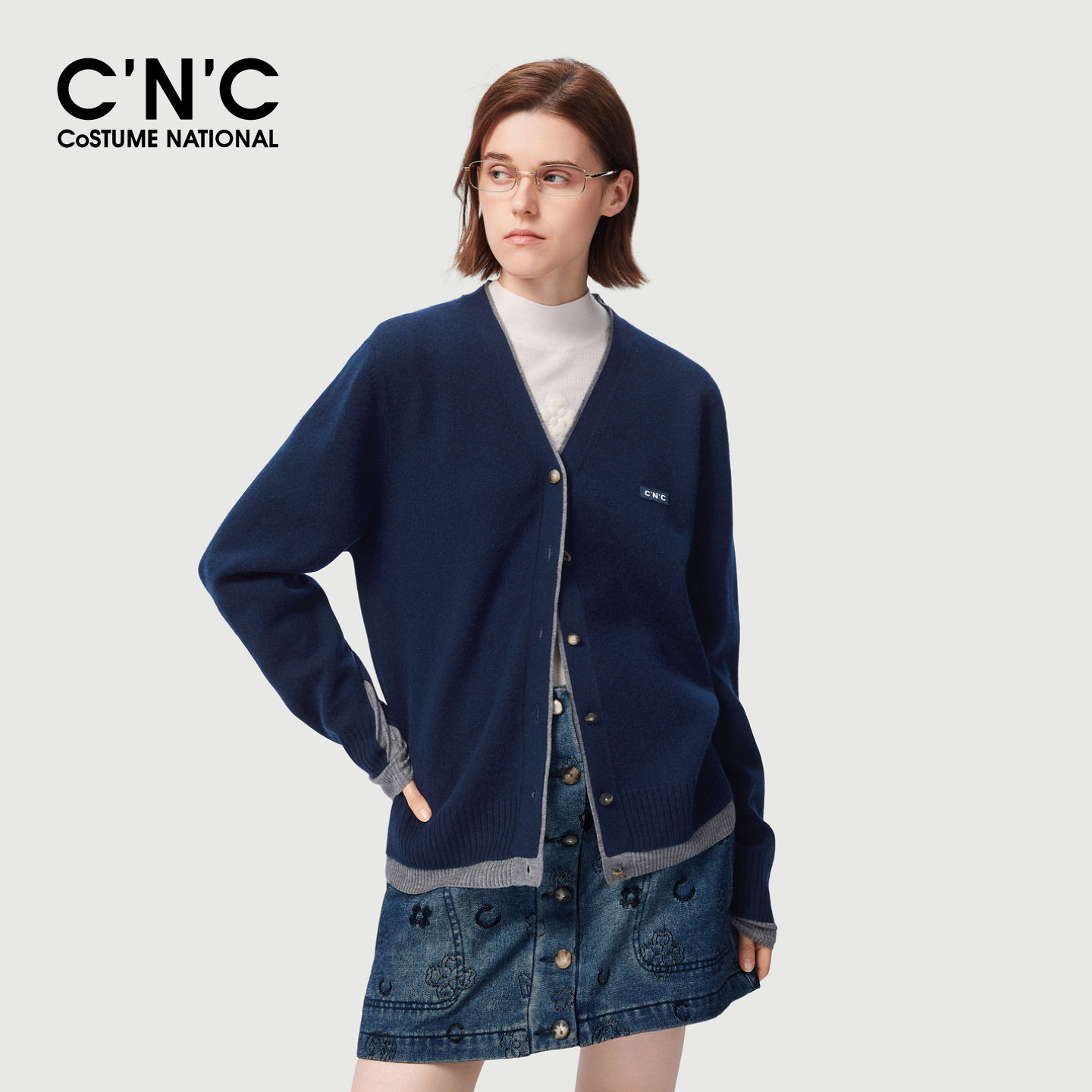 CNC女装拼色假两件V领针织开衫2026秋冬含羊毛宽松休闲毛衣外套