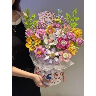 新款 永生花束kitty猫系列积木花彷真花束女生系列送女孩七夕礼物
