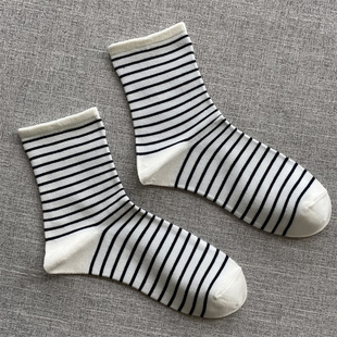 外贸袜子女日单小众轻奢中筒袜女横杠条纹时尚文艺百搭日系女袜潮