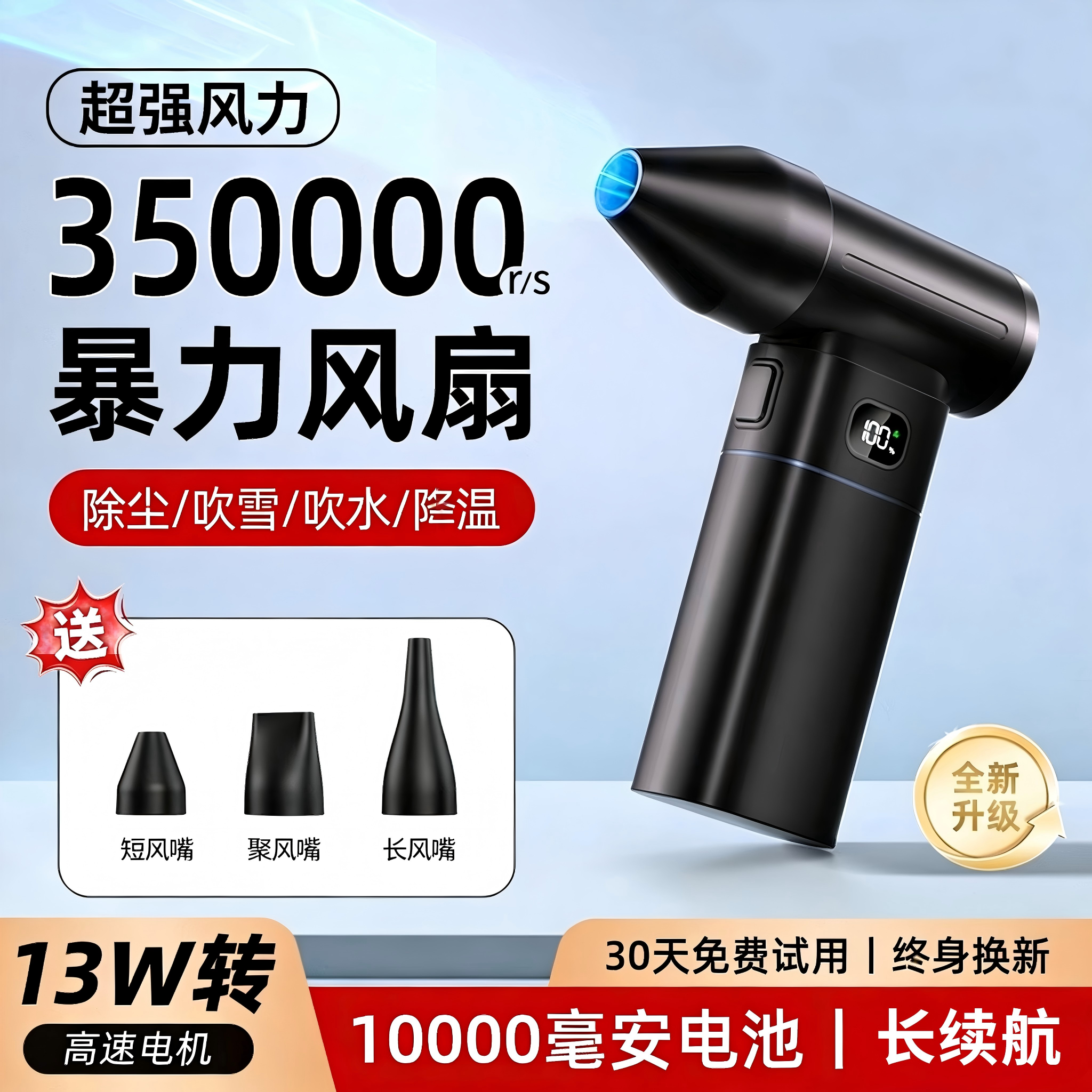 13万转涡轮暴力风扇2025新款户外露营小风扇充电便携式高速无刷电机涡轮手持汽车车载吸尘吹水吹尘枪降温神器