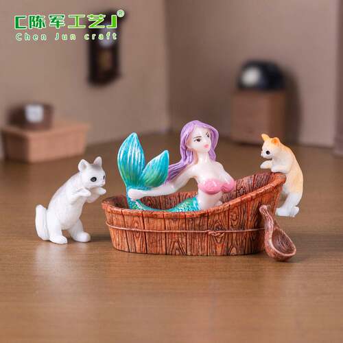 洗浴美人鱼与小猫公仔diy小摆件
