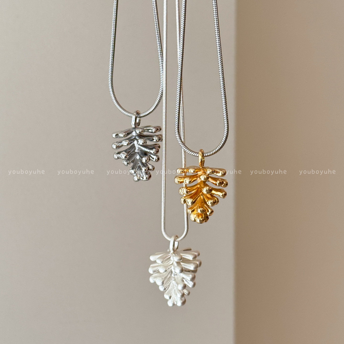 韩系银色松果长款钛钢项链女