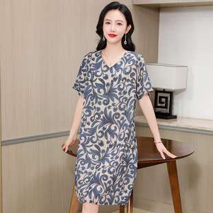 聲雨竹夏季 媽媽桑蠶絲連衣裙洋氣中老年女裝 大碼 寬松真絲中長 新款