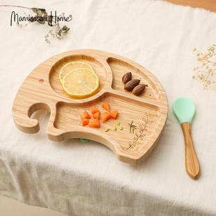 竹木餐盘儿童吸盘餐具婴儿专用吃饭动物防摔辅食碗 宝宝分格一体式