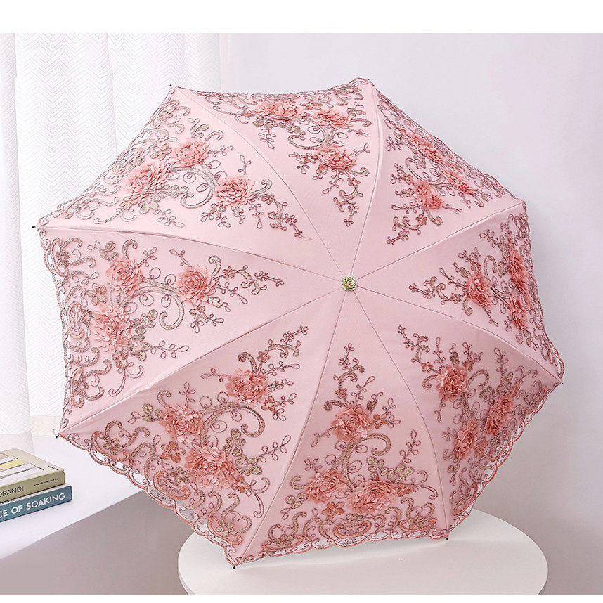 防紫外线太阳伞女高档绣花防晒黑胶遮阳伞蕾丝刺绣三折叠两用雨伞