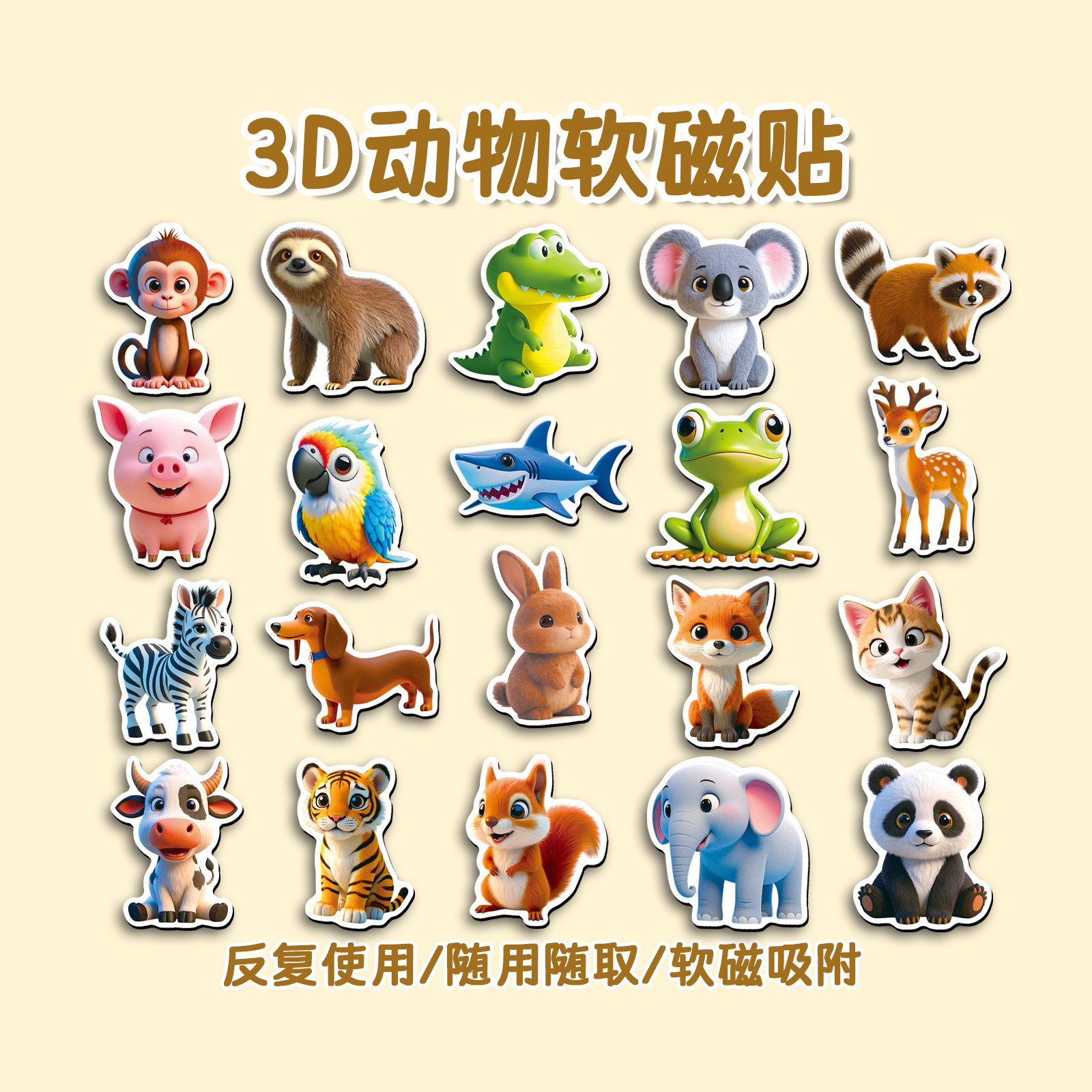 40张可爱3D卡通动物软磁冰箱贴腊肠狗创意diy家居装饰贴礼物防