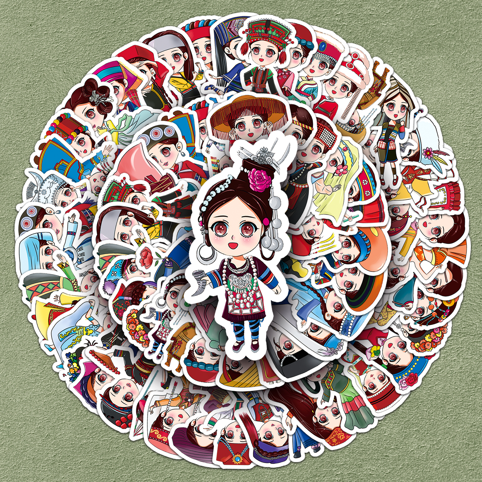 112张中国风56个民族贴纸民族文化大团结卡通人物复古创意装饰手机笔记本电脑行李箱手账素材滑板保温杯贴纸