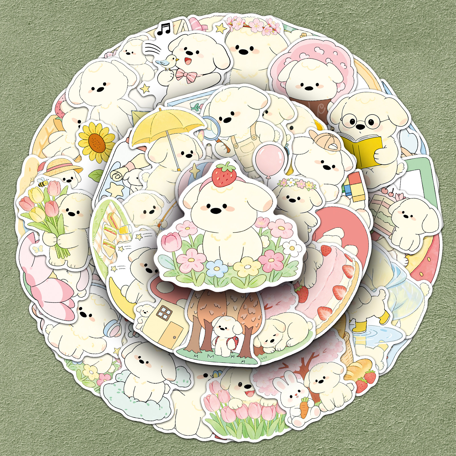 104张原创春日小白狗贴纸可爱小清新女孩咕卡防水装饰文具盒水杯笔