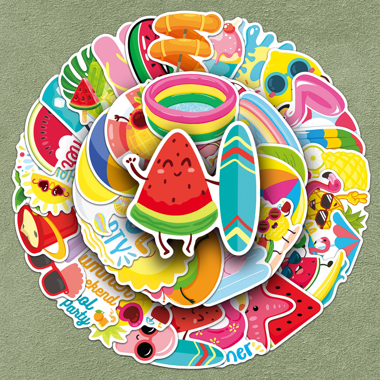 100张夏日套装卡通风贴纸男女孩可爱手账本防水装饰耳机头盔滑板车