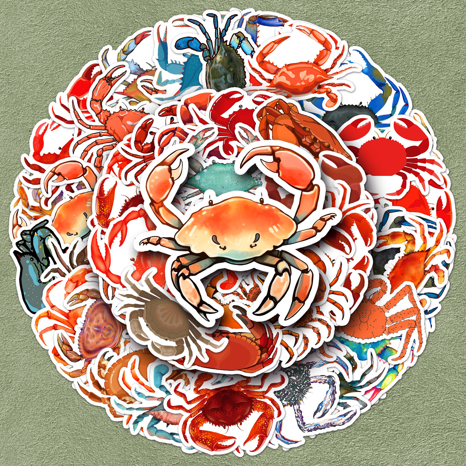 50张螃蟹卡通贴纸炫丽创意彩绘涂鸦海鲜甲壳类海洋动物素材手机壳