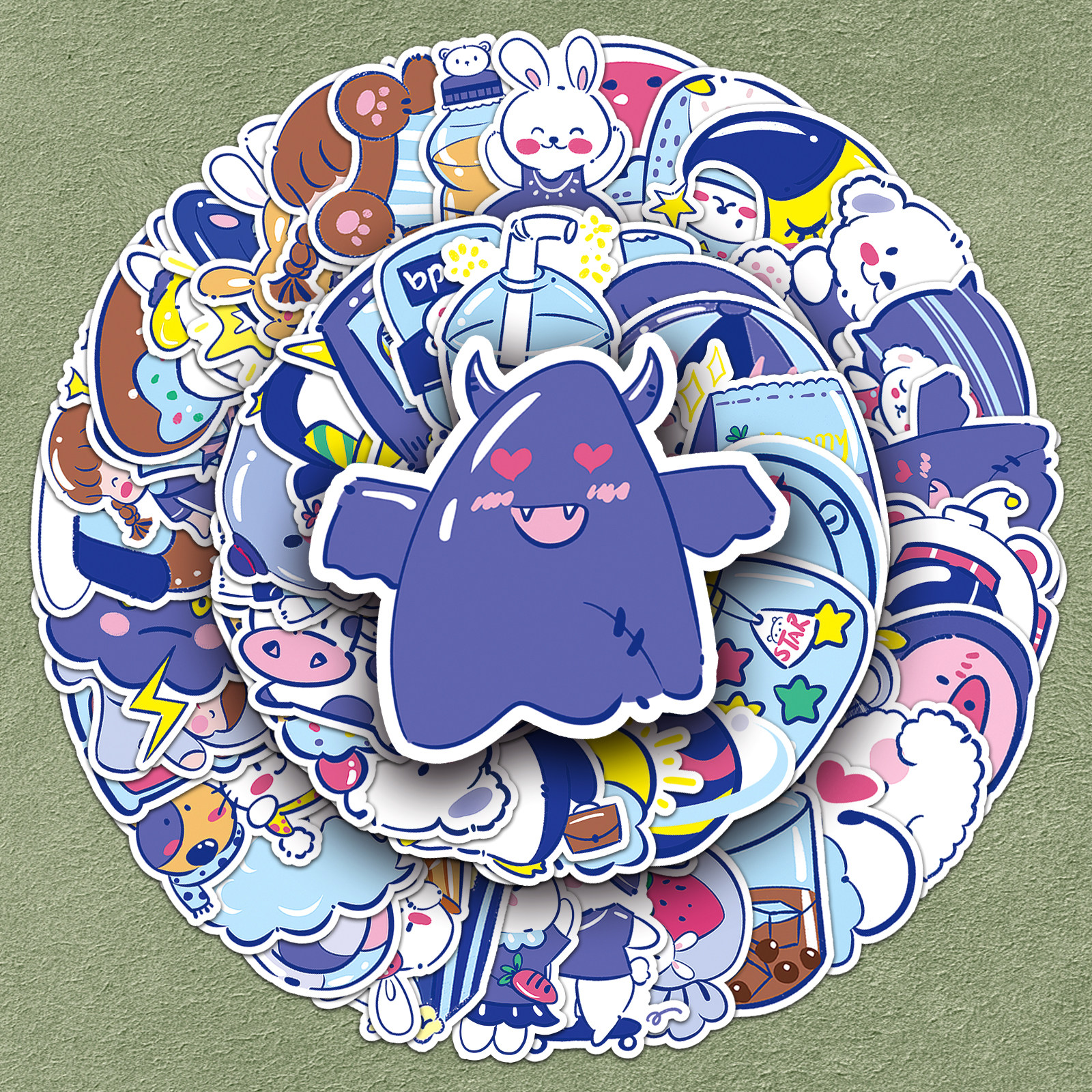 52张原创蓝色系可爱卡通创意儿童涂鸦防水装饰手帐拖杆箱行李箱冰箱