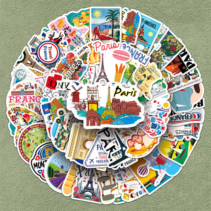 100张法国France欧洲国家贴纸巴黎地标现代风景建筑卡通创意手机笔记本电脑平板水杯手帐本头盔汽车防水贴画