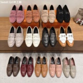 浅口皮鞋 女真皮穆勒流苏女乐福鞋 珐琅扣单鞋 四季 一脚蹬平底豆豆鞋