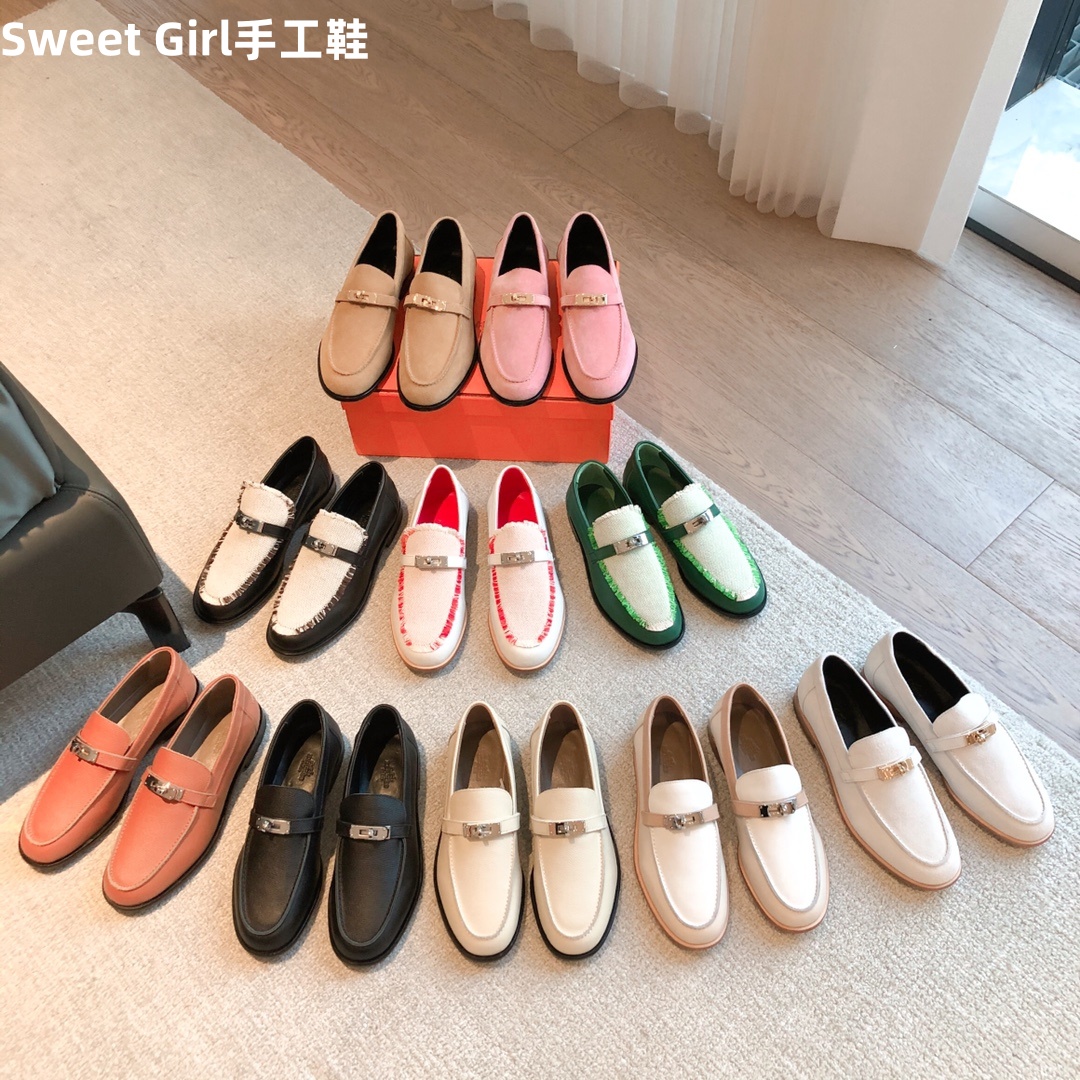 单鞋女kelly扣麂皮乐福鞋牛皮一脚蹬黑色平底浅口掌纹豆豆皮鞋