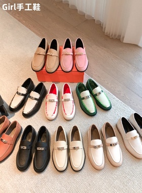 单鞋女kelly扣麂皮乐福鞋牛皮一脚蹬黑色平底浅口掌纹豆豆皮鞋