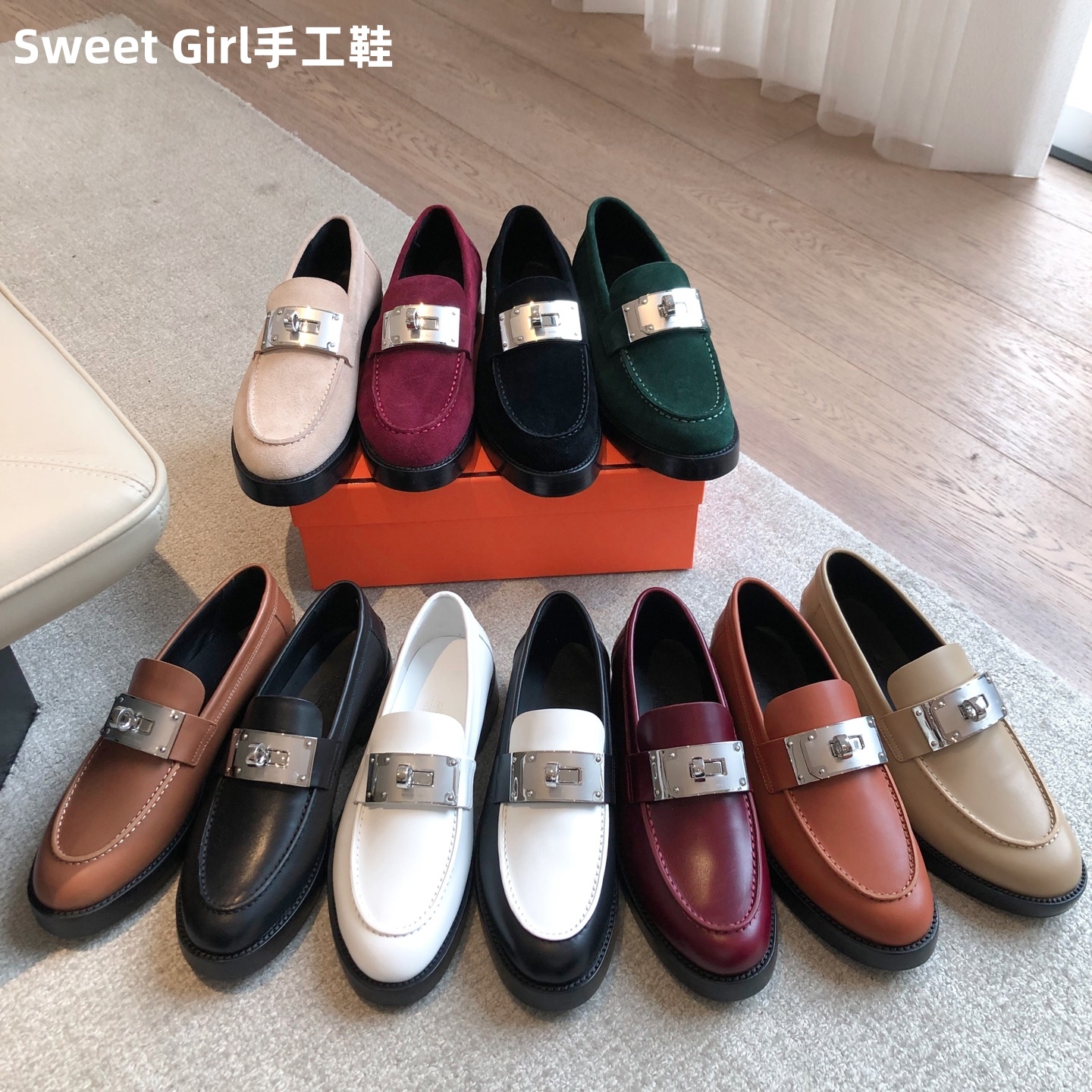 四季浅口皮鞋女厚底大kelly扣单鞋一脚蹬增高牛皮羊反绒乐福鞋