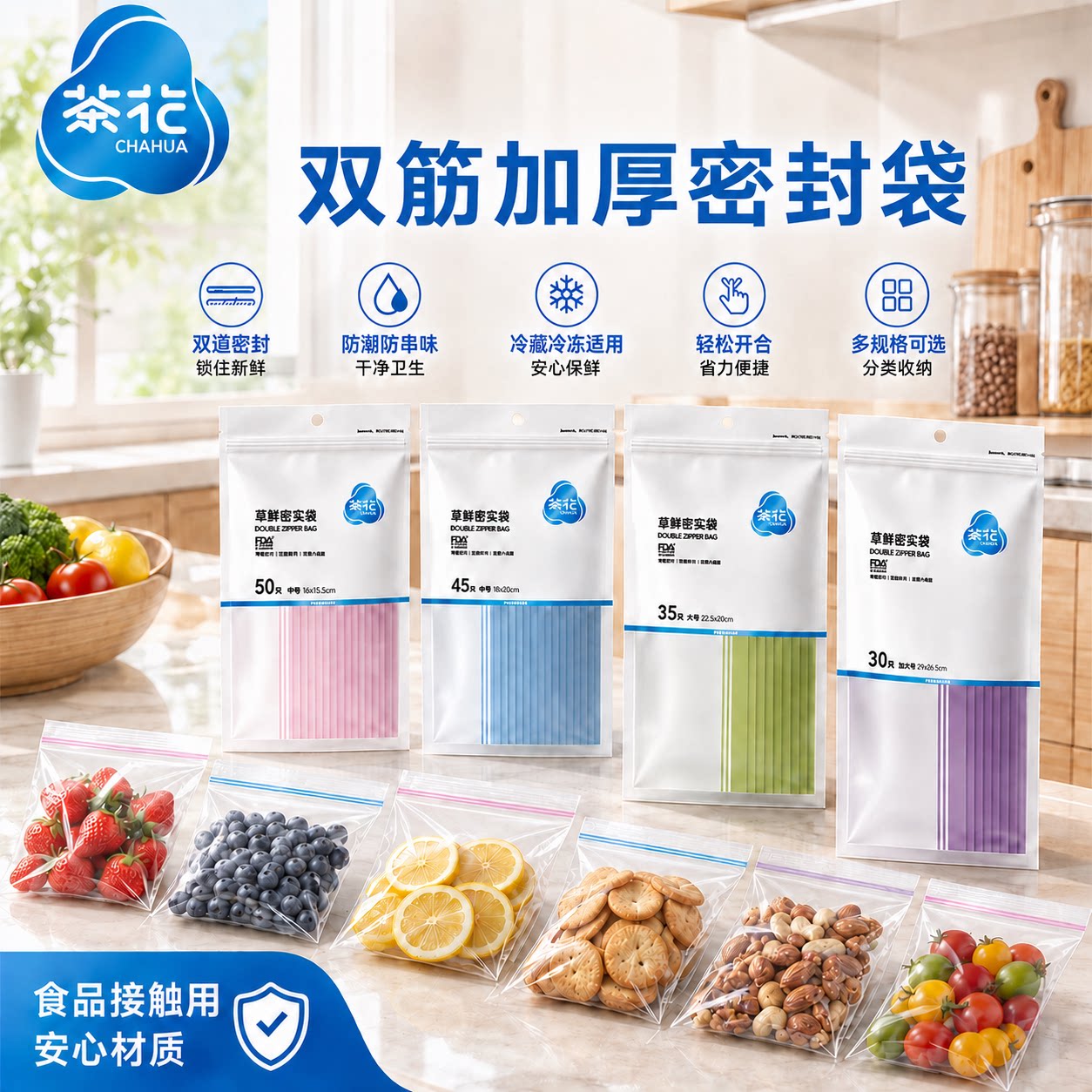 茶花密封袋食品级冷冻自封袋带封口塑封分装袋食物冰箱专用保鲜袋