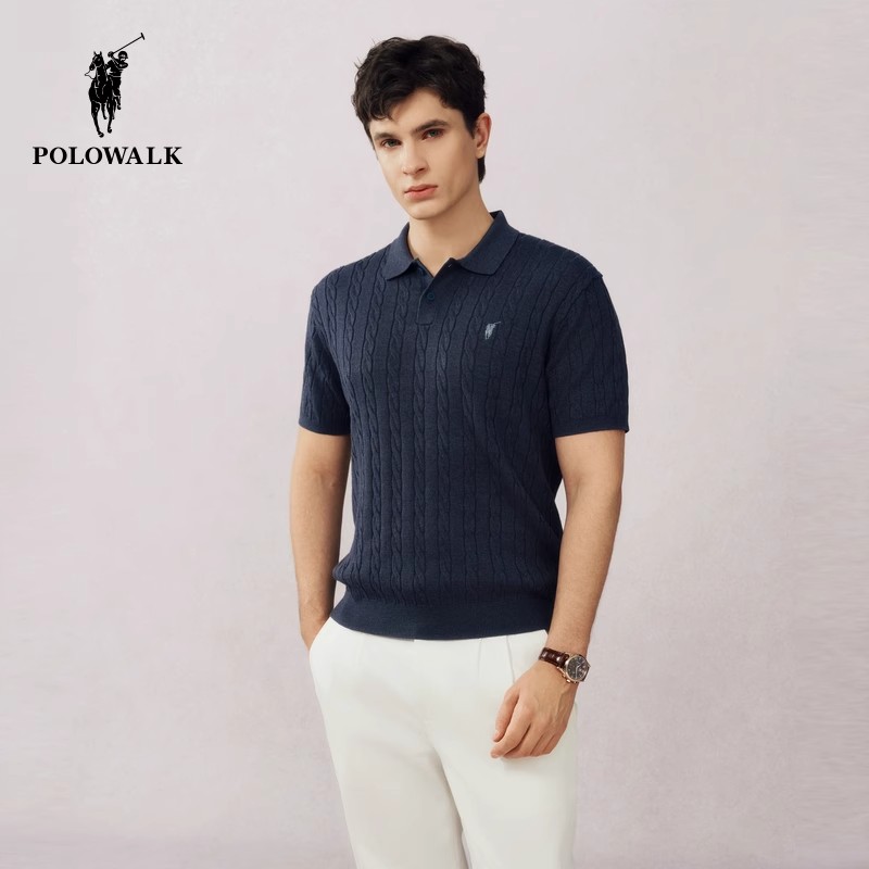 POLOWALK男式短袖针织衫绞花翻