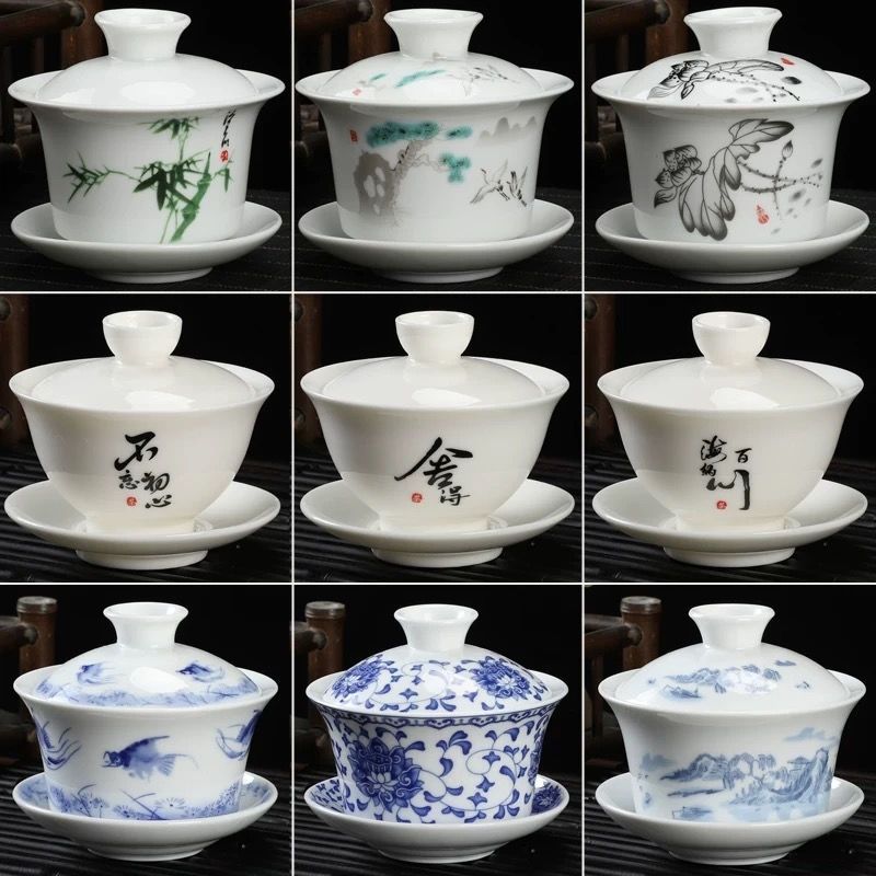 盖碗羊脂玉三才单个茶陶瓷带