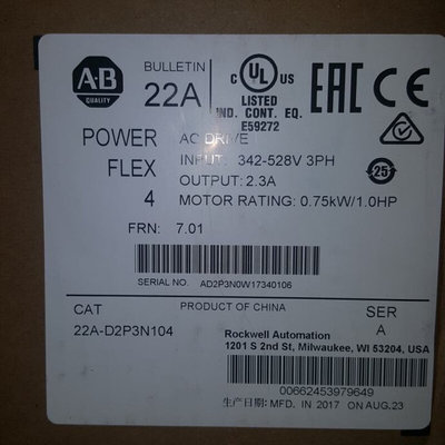 22A-D2P3N104 PowerFlex 4交流变频器0.75 kW（1 HP）22AD2P3N104