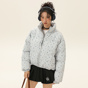 小碎花棉服女款2025新款冬季短款韩系加厚保暖宽松立领面包服外套