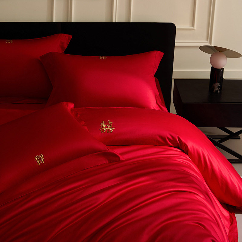 四件套结婚床上用品喜被婚庆简约高端婚嫁轻奢感红色100s全棉新款