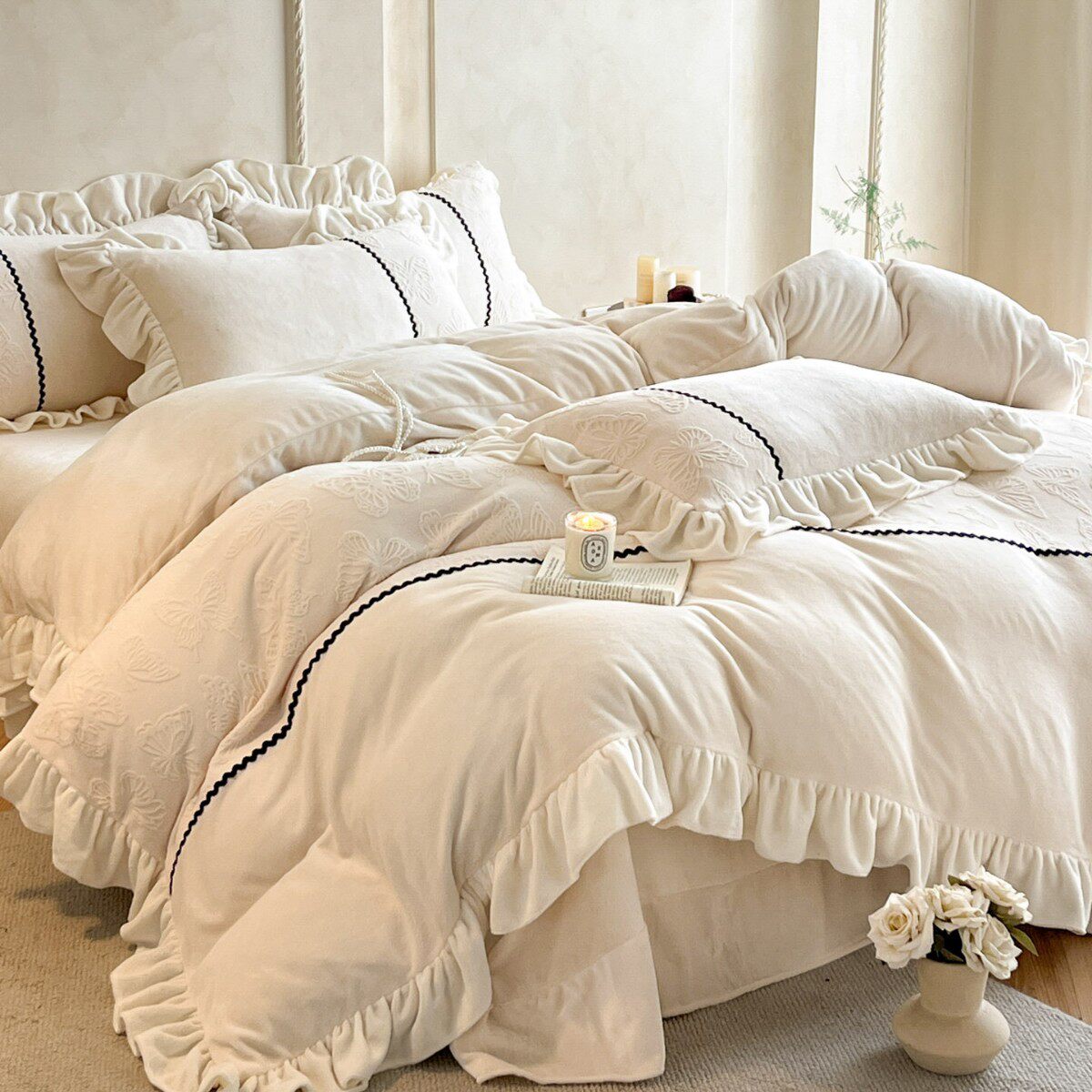 四件套A类母婴级双面绒珊瑚绒被套床笠款冬季加厚保暖雕花牛奶绒