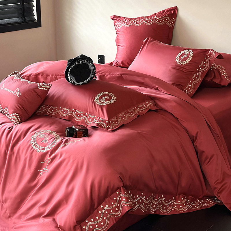 四件套简约刺绣红色全棉被套纯棉结婚床上用品婚庆100S高支长绒棉