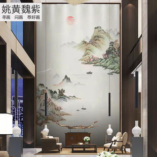 独绣壁布楼梯墙别墅玄关全绣花 大型挑高刺绣壁画金色山水画新中式