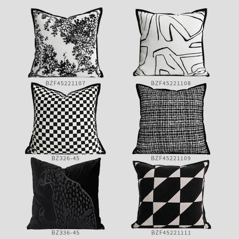 北欧黑白线 线条沙发抱枕客厅法式杨梅树雪尼尔靠枕样板间装饰靠