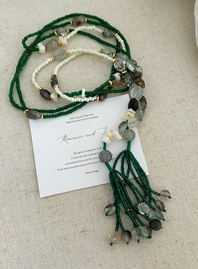 秋冬新款波西米亚风天然石串珠项链长链流苏民俗民族小众毛衣链女