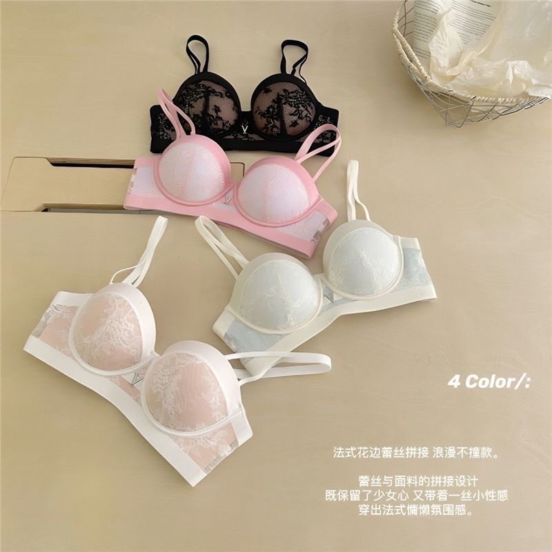 无肩带蕾丝半杯内衣女小胸聚拢显大加厚上托防下垂防滑文胸罩露肩