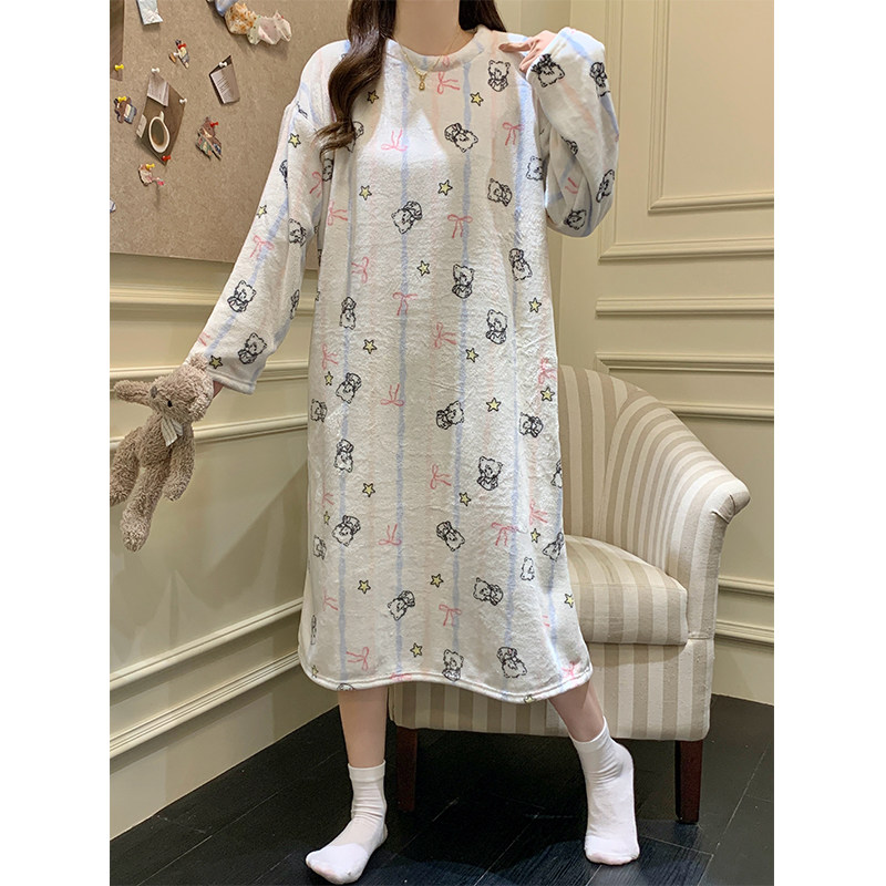 珊瑚绒长袖睡裙女秋冬季甜美公主风长款连衣裙加厚加绒保暖家居服