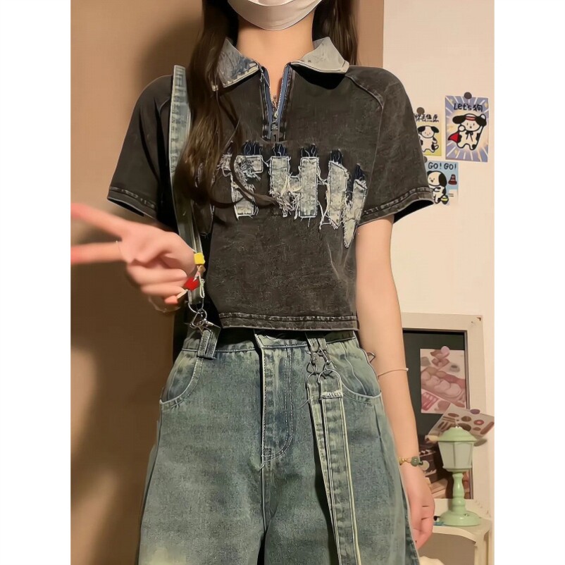 新甜酷辣妹洗水做旧带衣领短袖女宽松学院风牛仔Polo领t恤INS潮裤