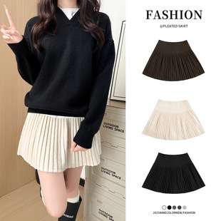 短裙女2025新款冬配靴子小个子垂感A字半身jk休闲学院风百褶毛呢1