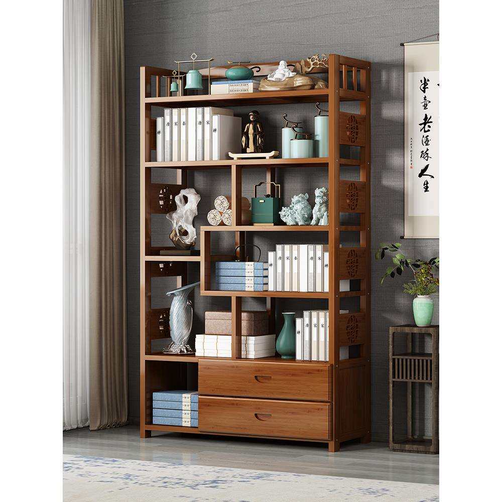 书架多层置物架落地楠竹家用柜子储物柜简易实木中式书柜博古架子