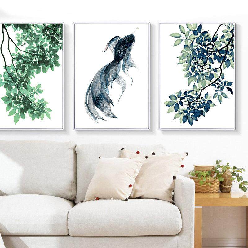 现代简约小清新树叶绿植装饰画室内客厅沙发背景墙挂画餐厅壁画鱼,家居饰品,现代装饰画,淘宝优惠券,粉丝福利购,淘宝优惠卷