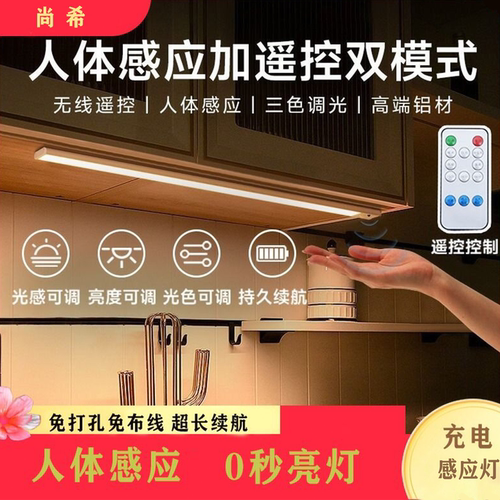led遥控智能灯带人体感应无线自粘充电式厨房鞋柜子玄关酒柜灯条