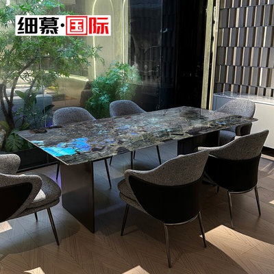 意式轻奢蓝翡翠方桌奢石餐桌现代高端饭桌大户型长方形天然大理石
