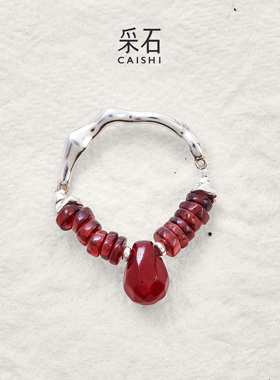 采石studio｜原创「初吻」红玛瑙石榴石碎银戒指小众时髦百搭饰品