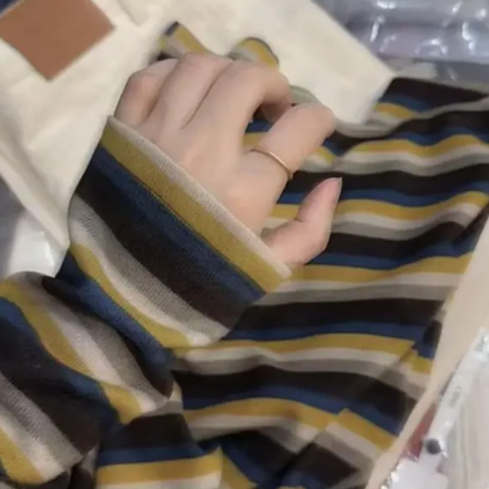 条纹针织开衫女圆领长袖毛衣外套