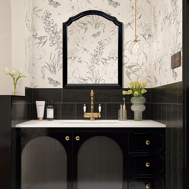 法式黑色智能发光浴室镜壁挂式洗手间化妆镜客厅玄关壁炉装饰镜子