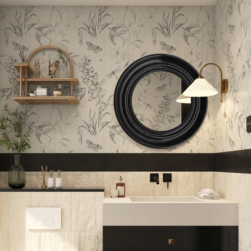 欧式简约圆形浴室镜客厅壁炉黑色玄关装饰镜美式现代洗手台化妆镜