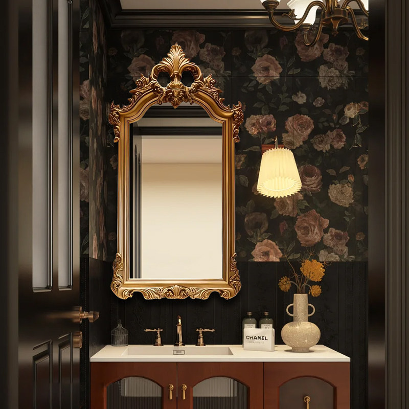 欧式智能化妆镜壁挂式复古雕花led防雾浴室艺术风可定制装饰镜子