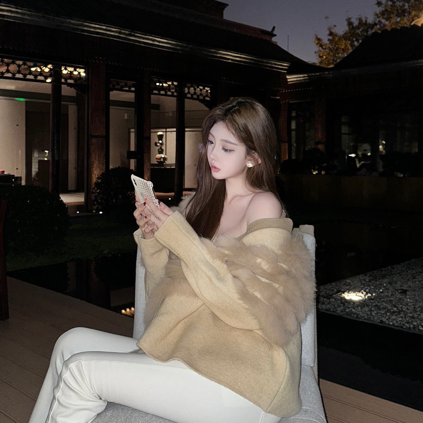 秋冬装新款皮草外套仿狐狸毛领针织开衫毛衣女中长款加厚保暖披风