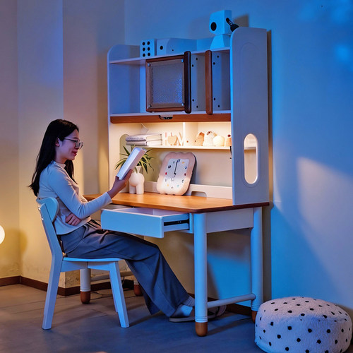 叮叮熊实木书桌书架一体学生家用儿童学习桌小户型卧室书房写字台