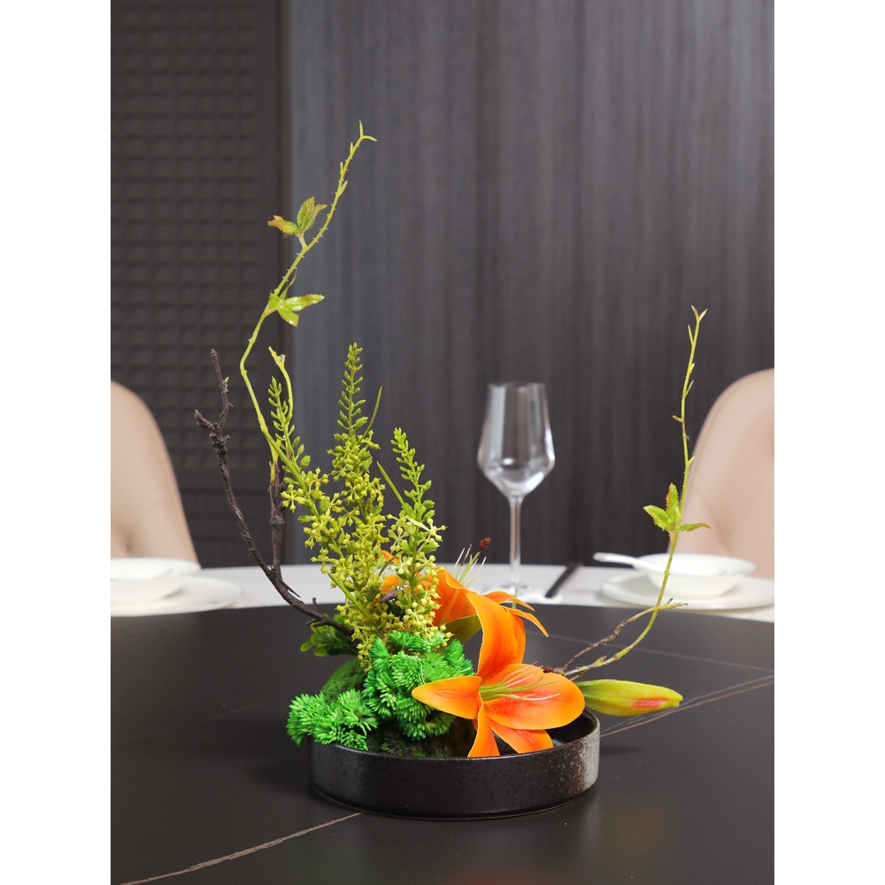 高端酒店餐厅圆桌仿真花摆件餐桌花摆花家用小圆桌转盘中间装饰花